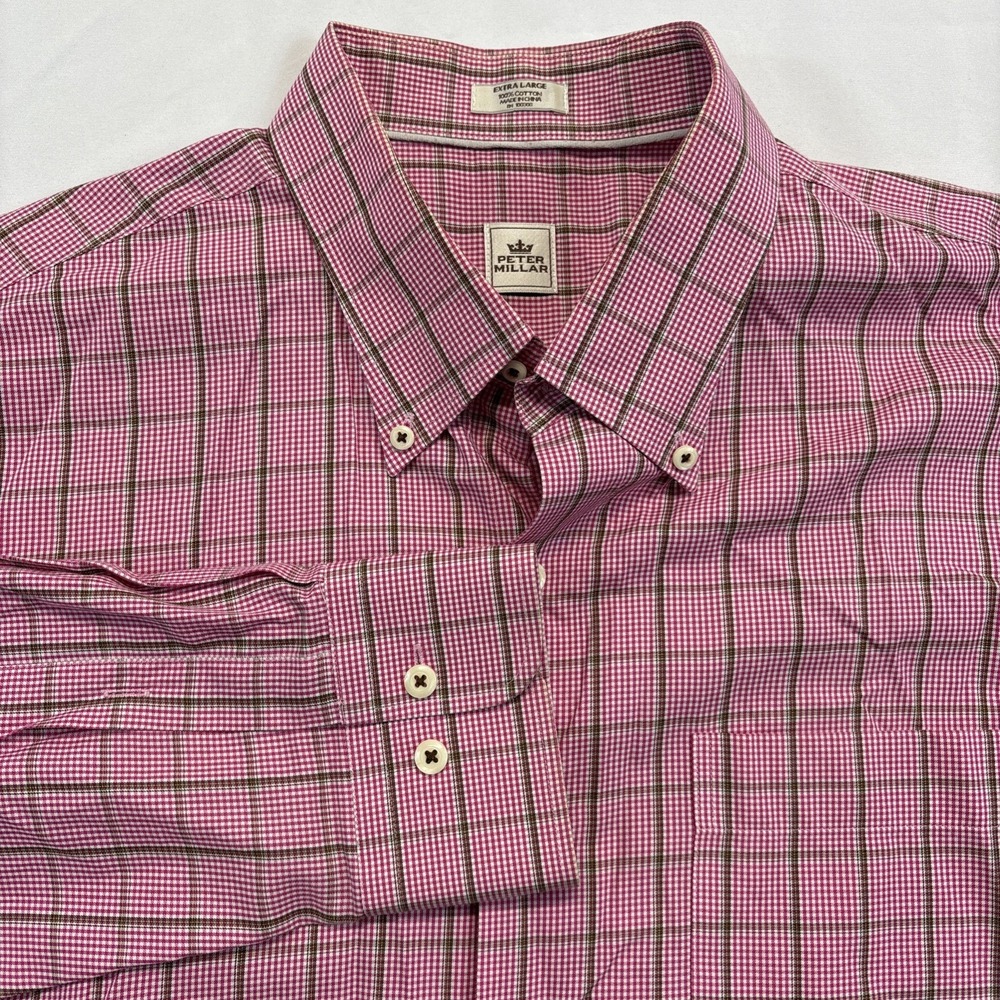 Peter Millar Men's Shirt Size XL Pink Brown Plaid Long Sleeve Button Down Casual